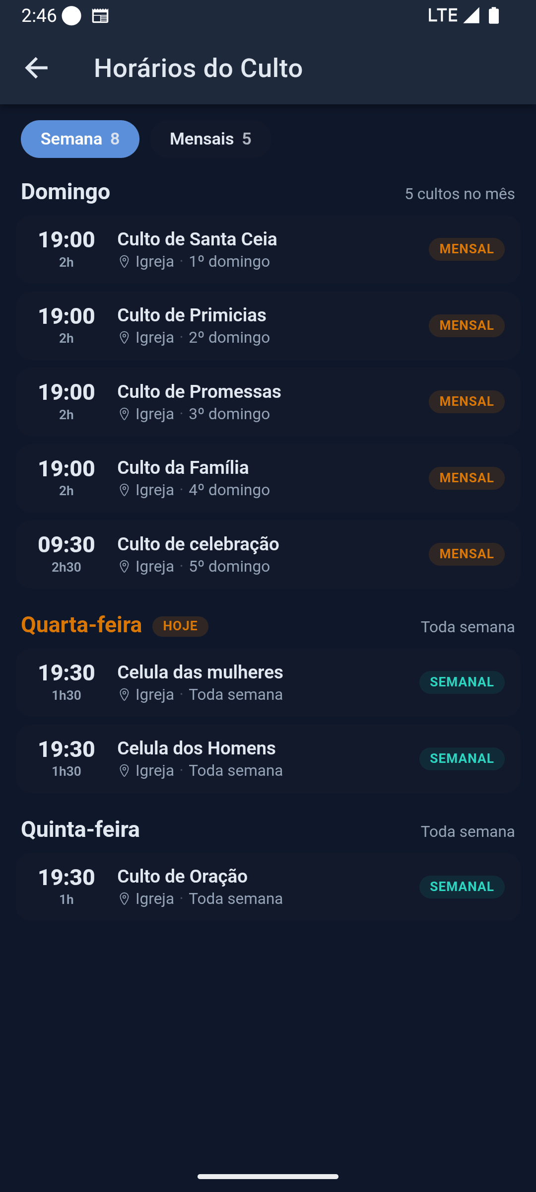 Horários do culto