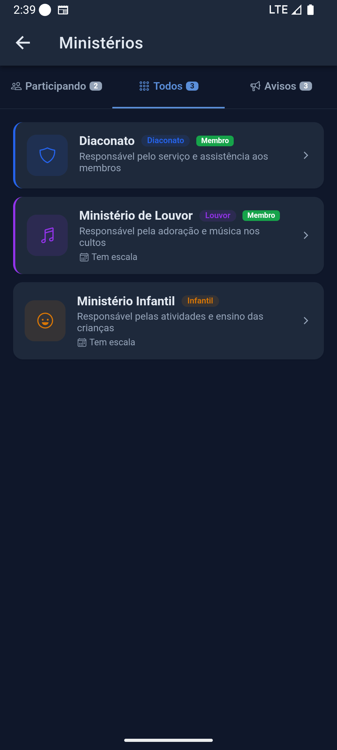 Ministérios e escalas
